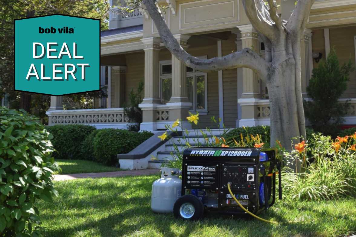 Duromax XP13000HXT geneator in front of house with deal sticker