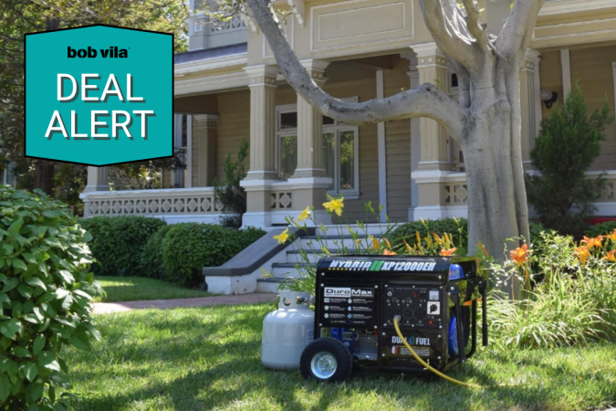 Duromax XP13000HXT geneator in front of house with deal sticker