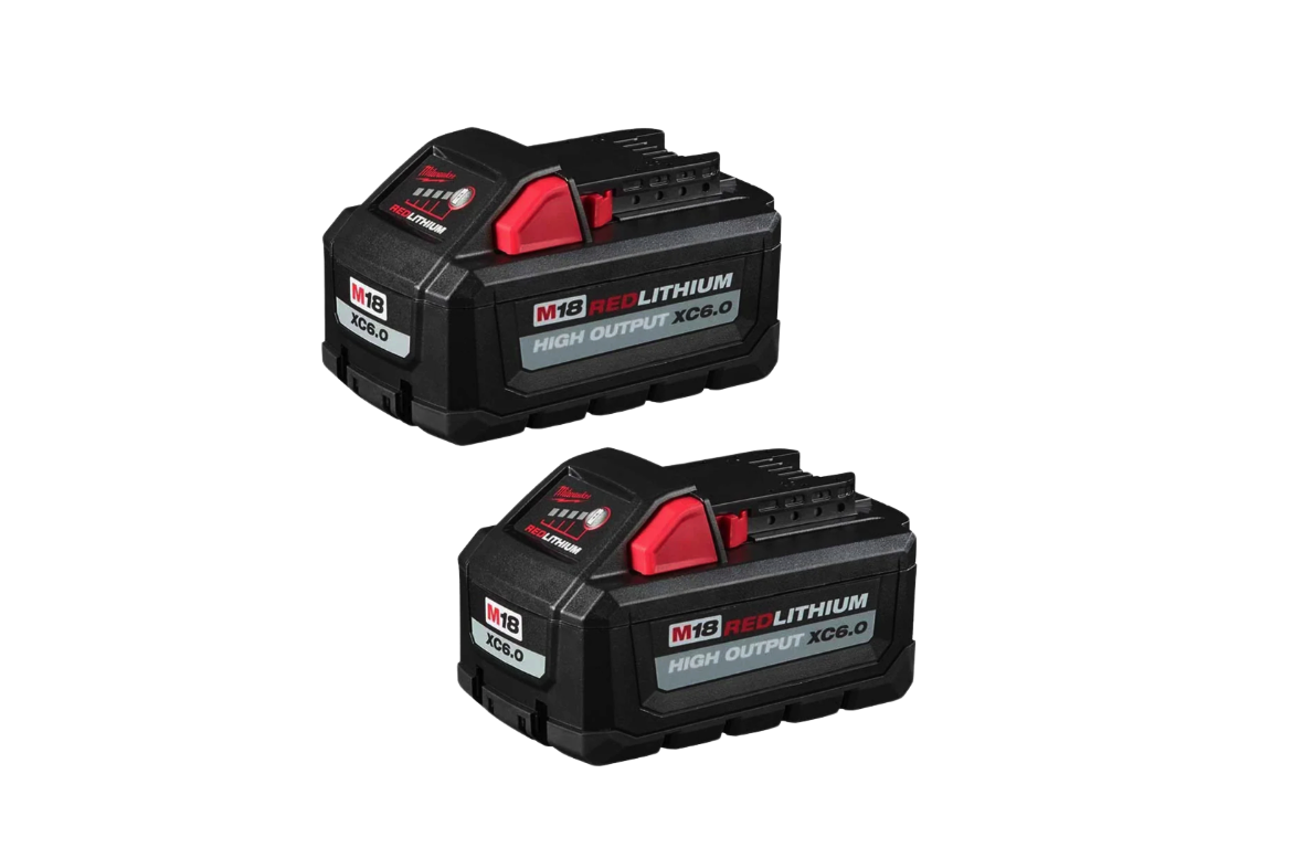 Milwaukee batteries, 2-pack on white background