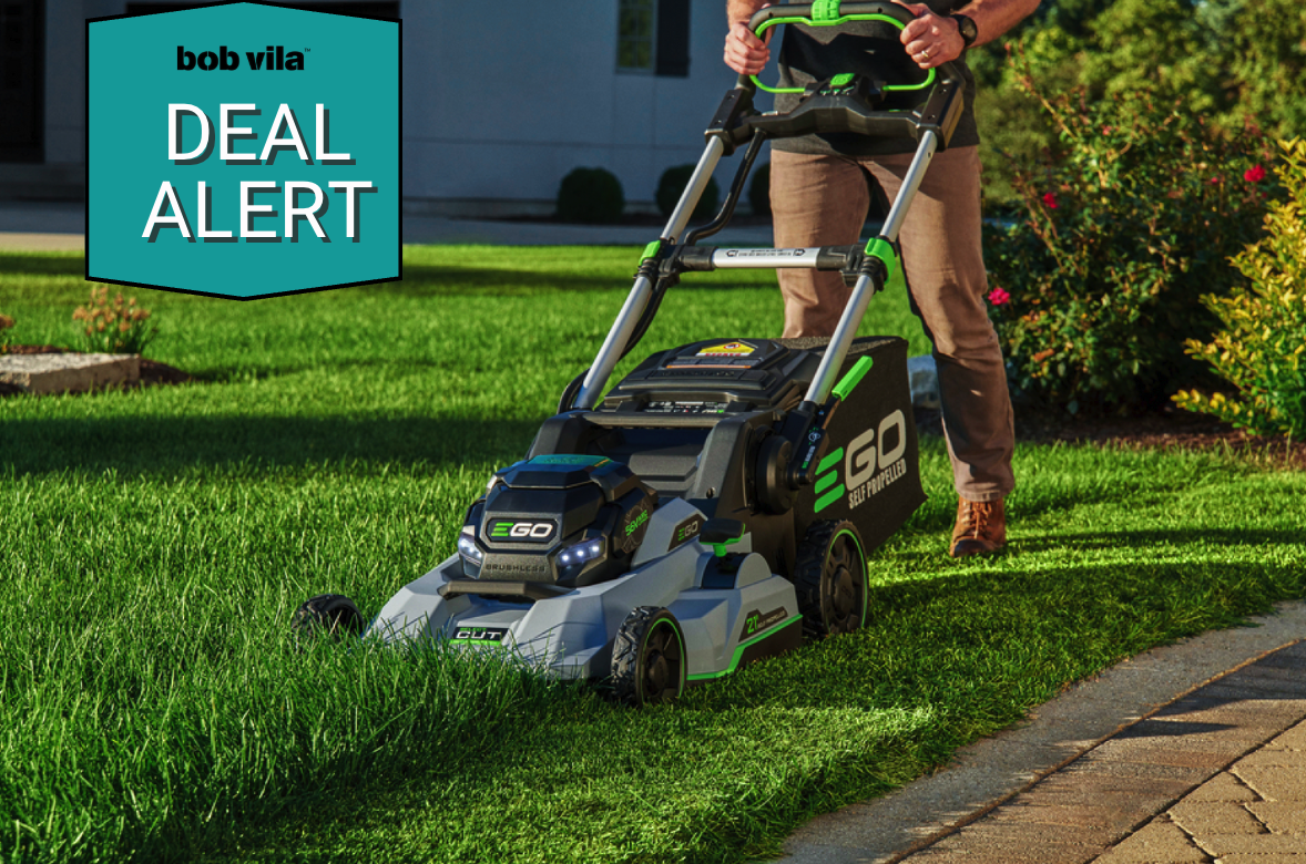 Ego LM2132SP being used on lawn with deal sticker