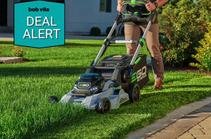 Ego LM2132SP being used on lawn with deal sticker