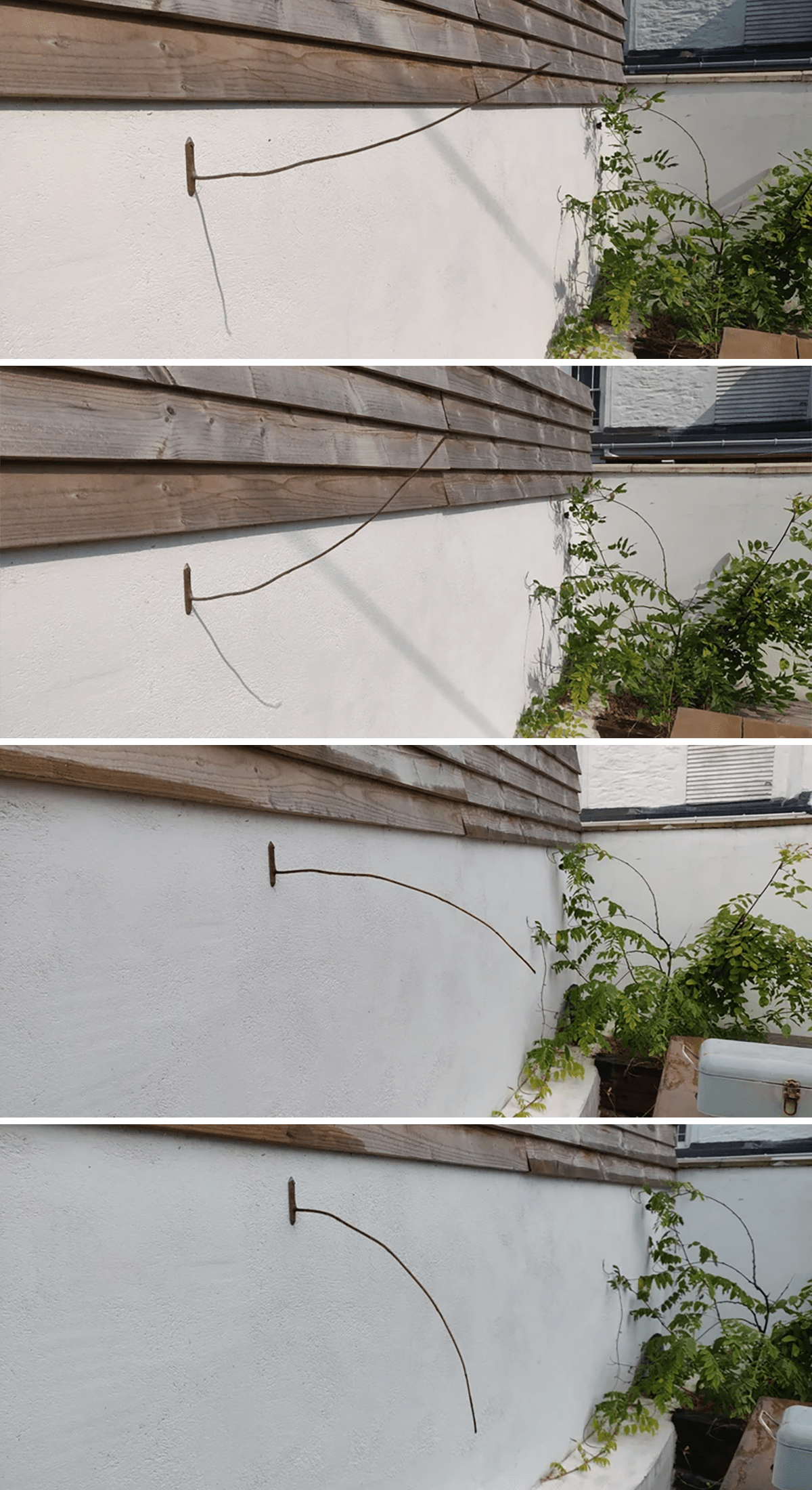 The progression of a weather stick in action, showing it pointing up, middle, and down.