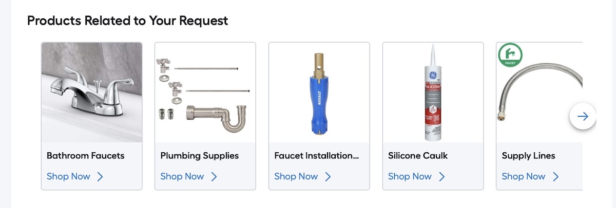 Lowe's AI assistant's product recommendations for repairing a faucet.