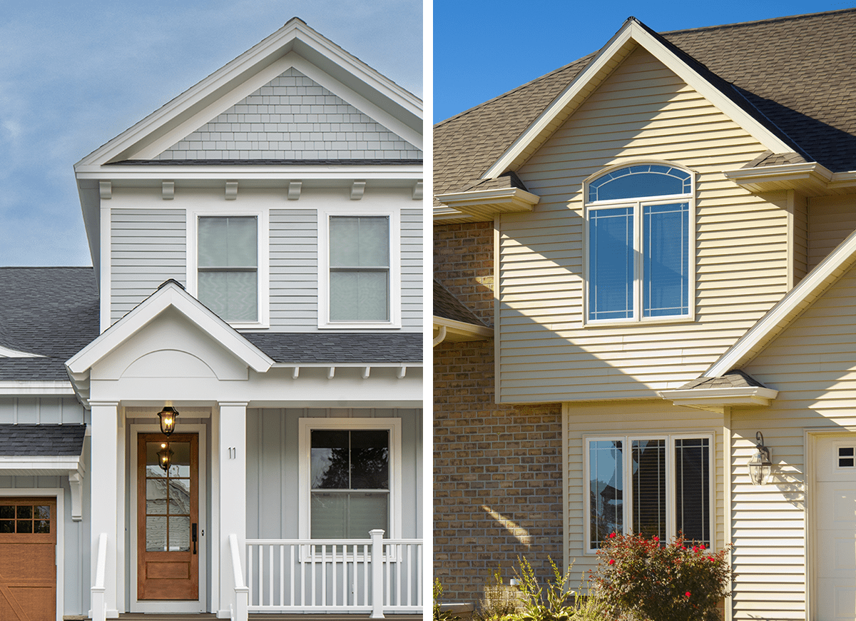 A split image showing fiber cement siding on the left and vinyl siding on the right.