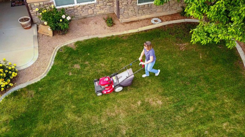 A homeowner mowing the lawn from overhead.
