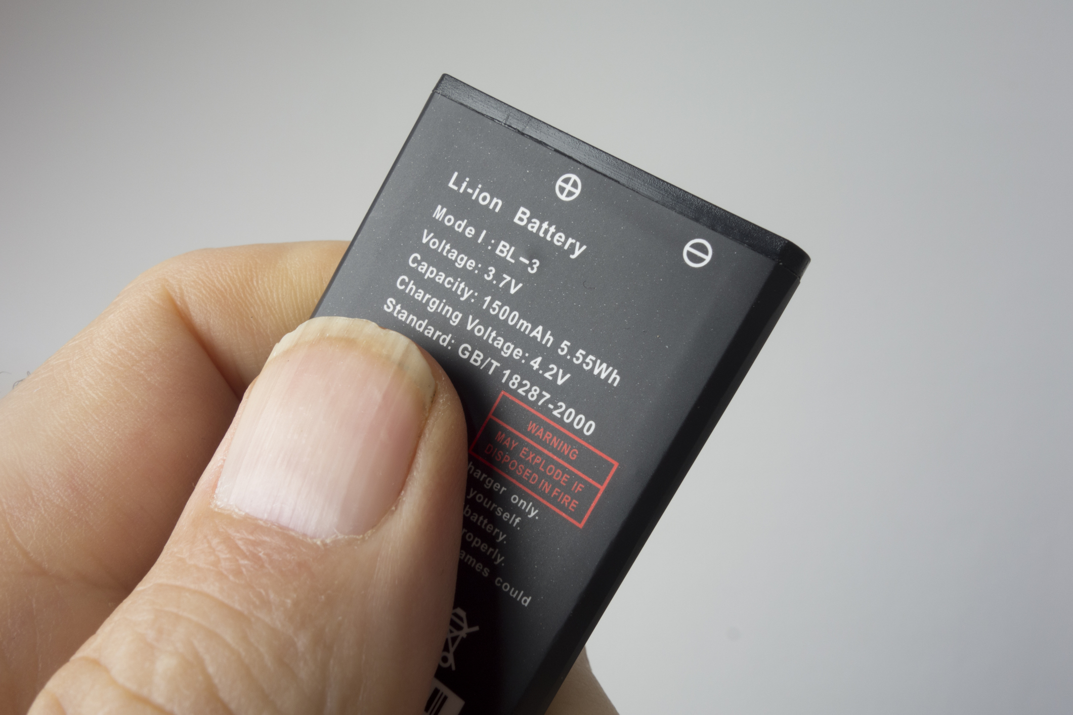 Close up of a hand holding a lithium-ion battery