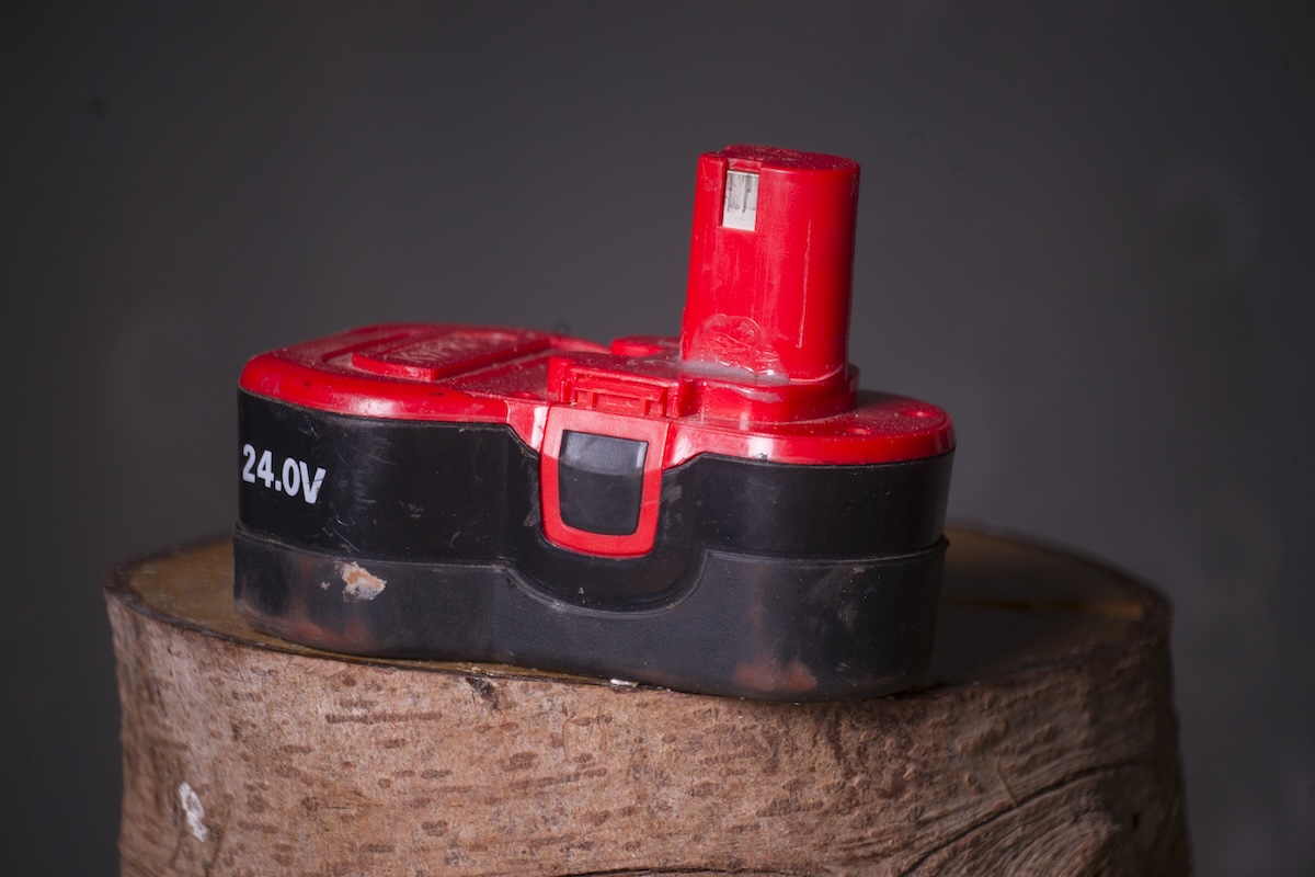 An old lithium-ion battery from a power tool.