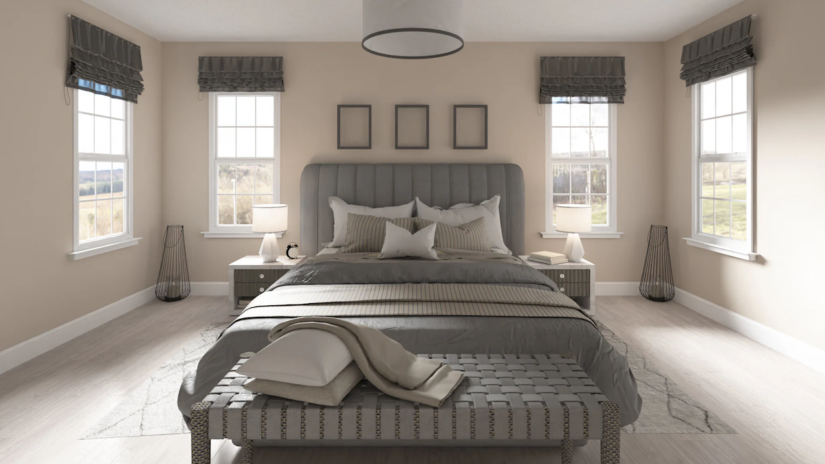 Valspar Perfect Backdrop beige paint on a bedroom wall.