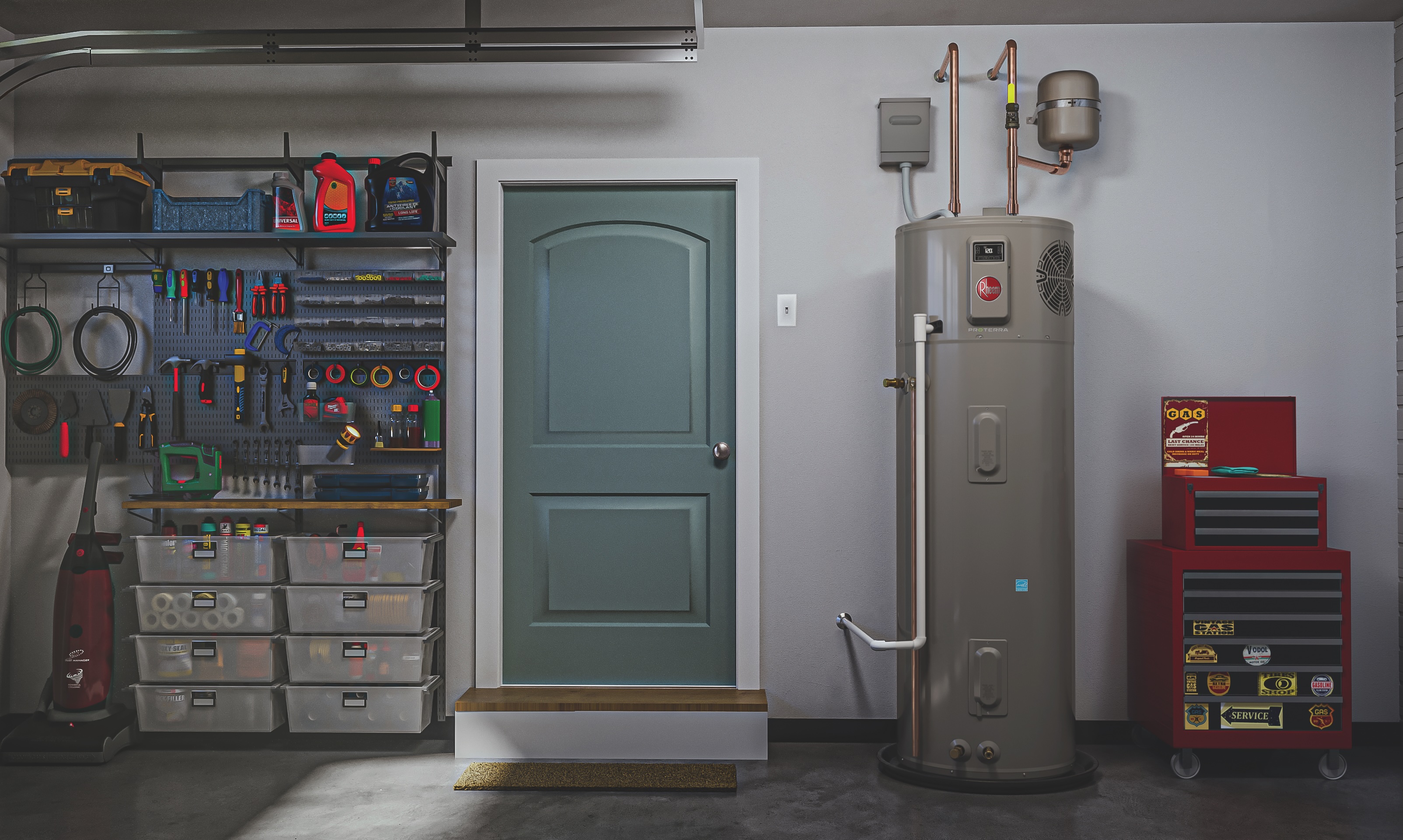Rheem PRO Prestige Proterra Plus water heater in a garage next to tool bench and blue door.