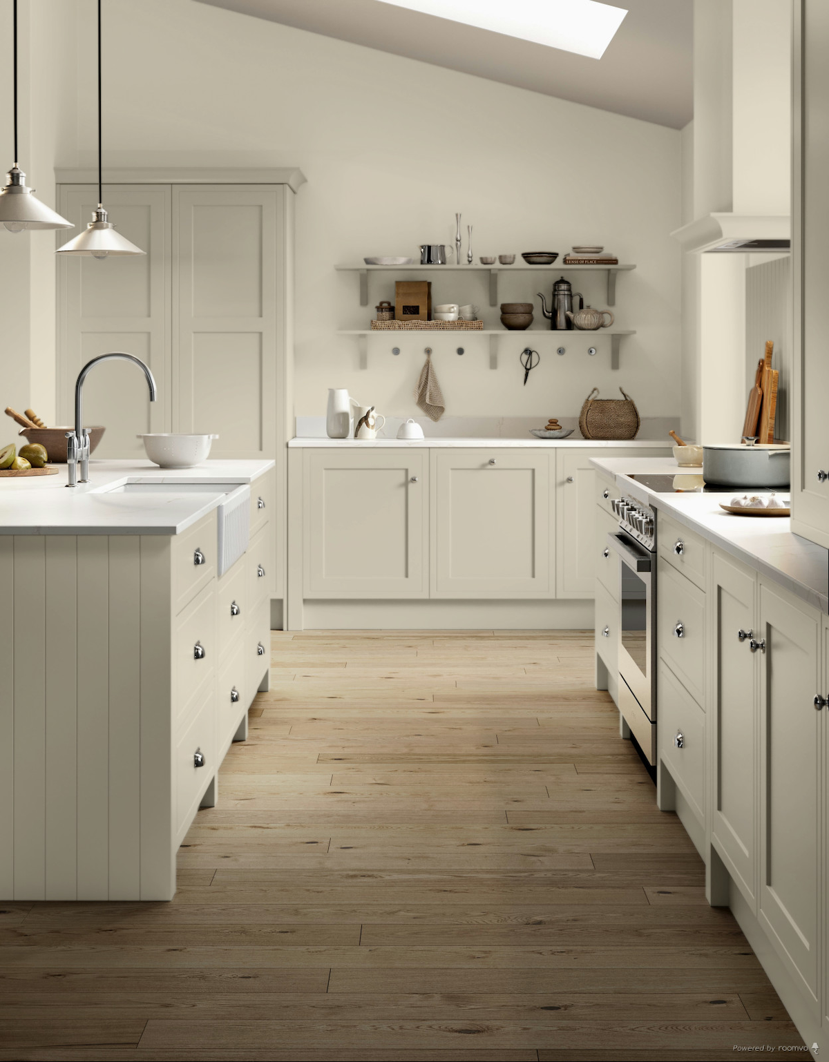 Farrow & Ball's Slipper Satin paint color on kitchen cabinets and walls
