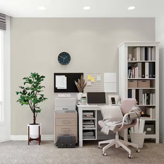 Glidden paint's Whiskers painted on a wall in a home office.