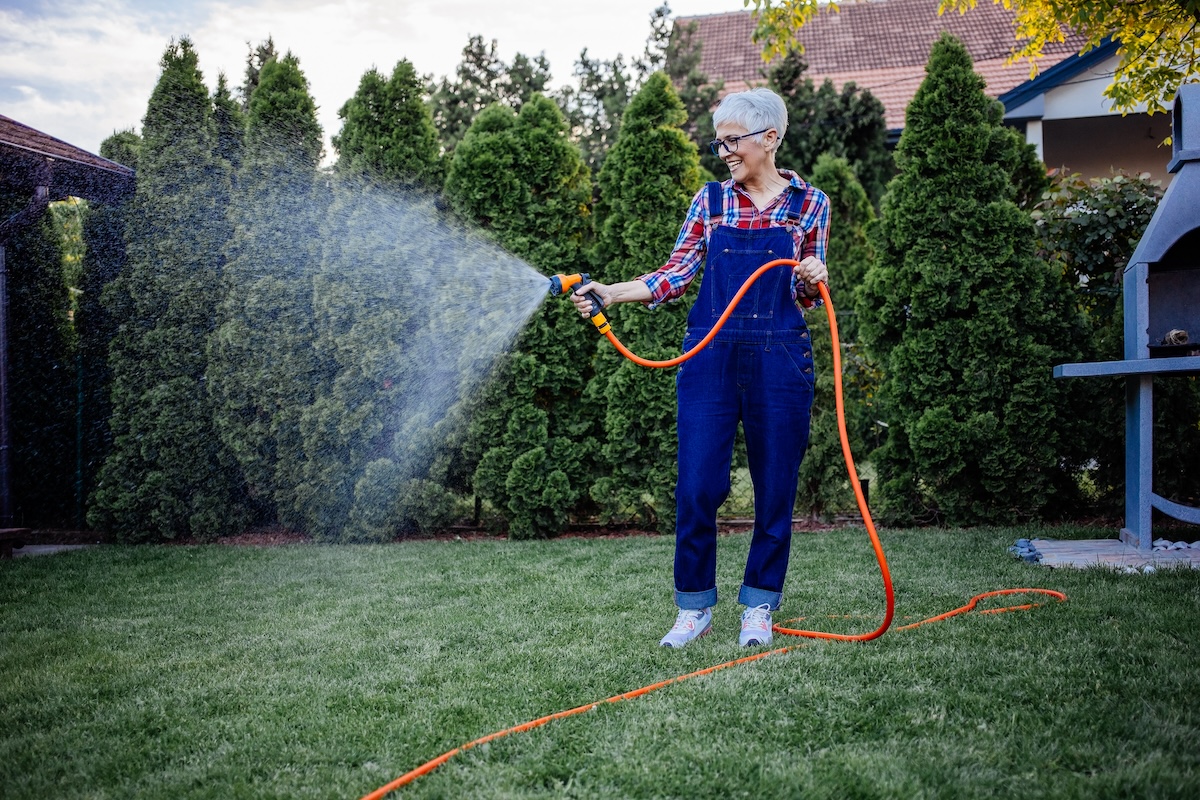 A smiling mature woman with overalls waters a lawn with a hose.
