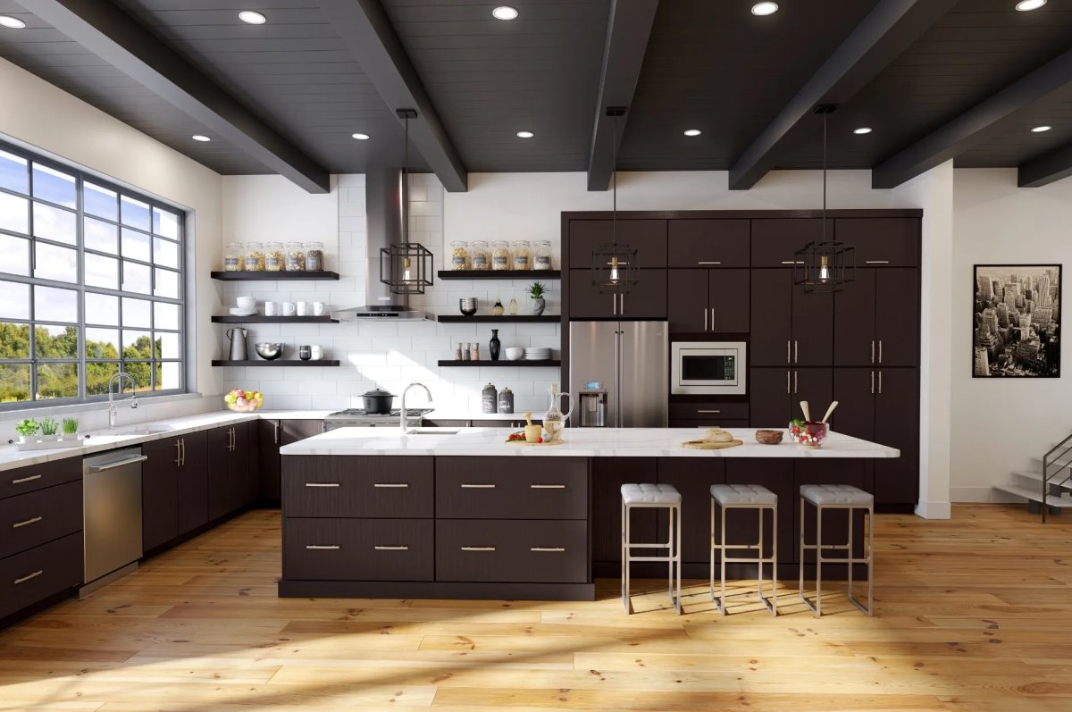 Kithcen with dark espresso cabinets, light-colored countertops, and minimalist island stools.