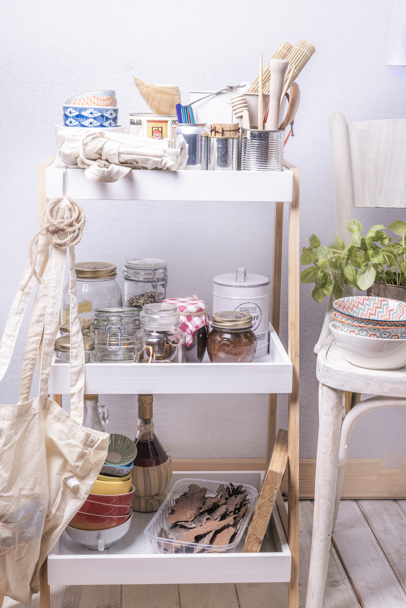 Open shelf filled with food and kitchen supplies