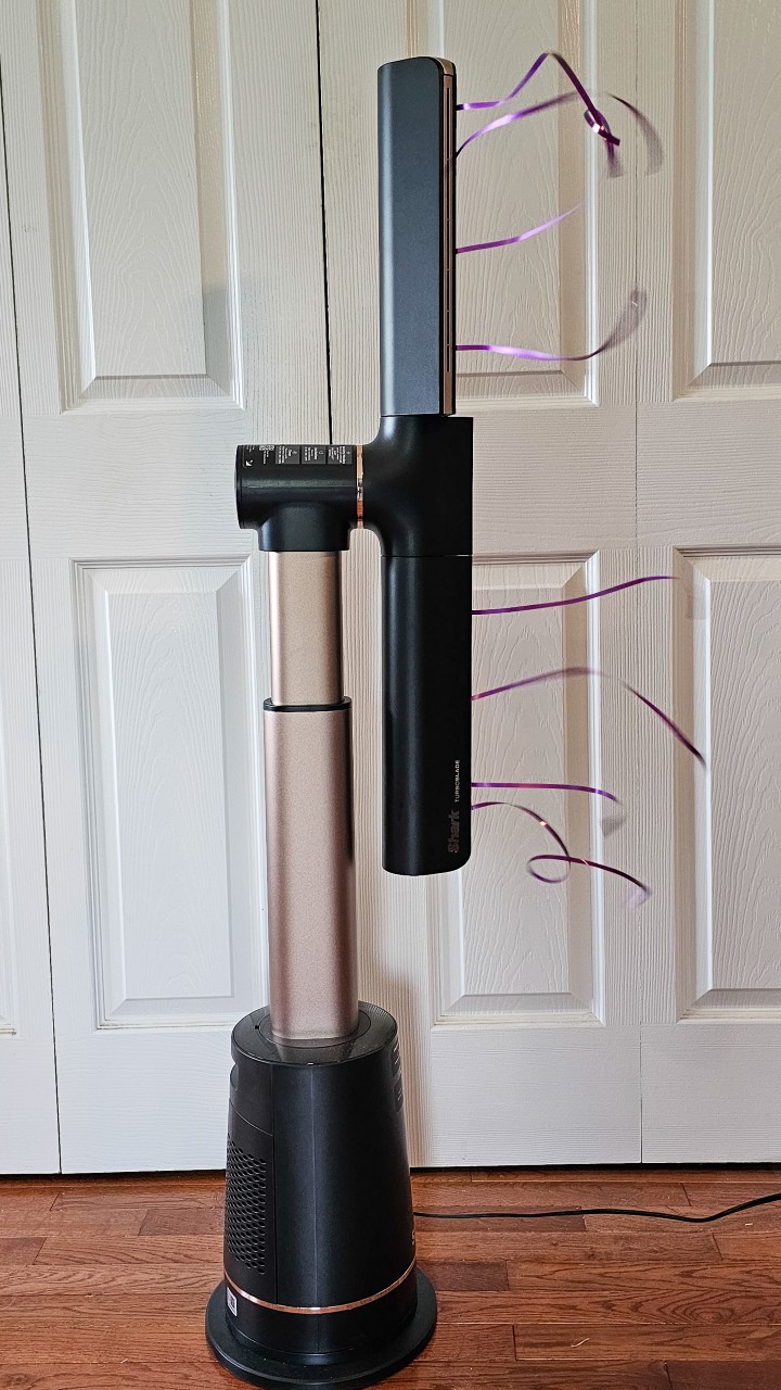 Vertical shot of Shark TurboBlade Fan Running with Ribbons streaming