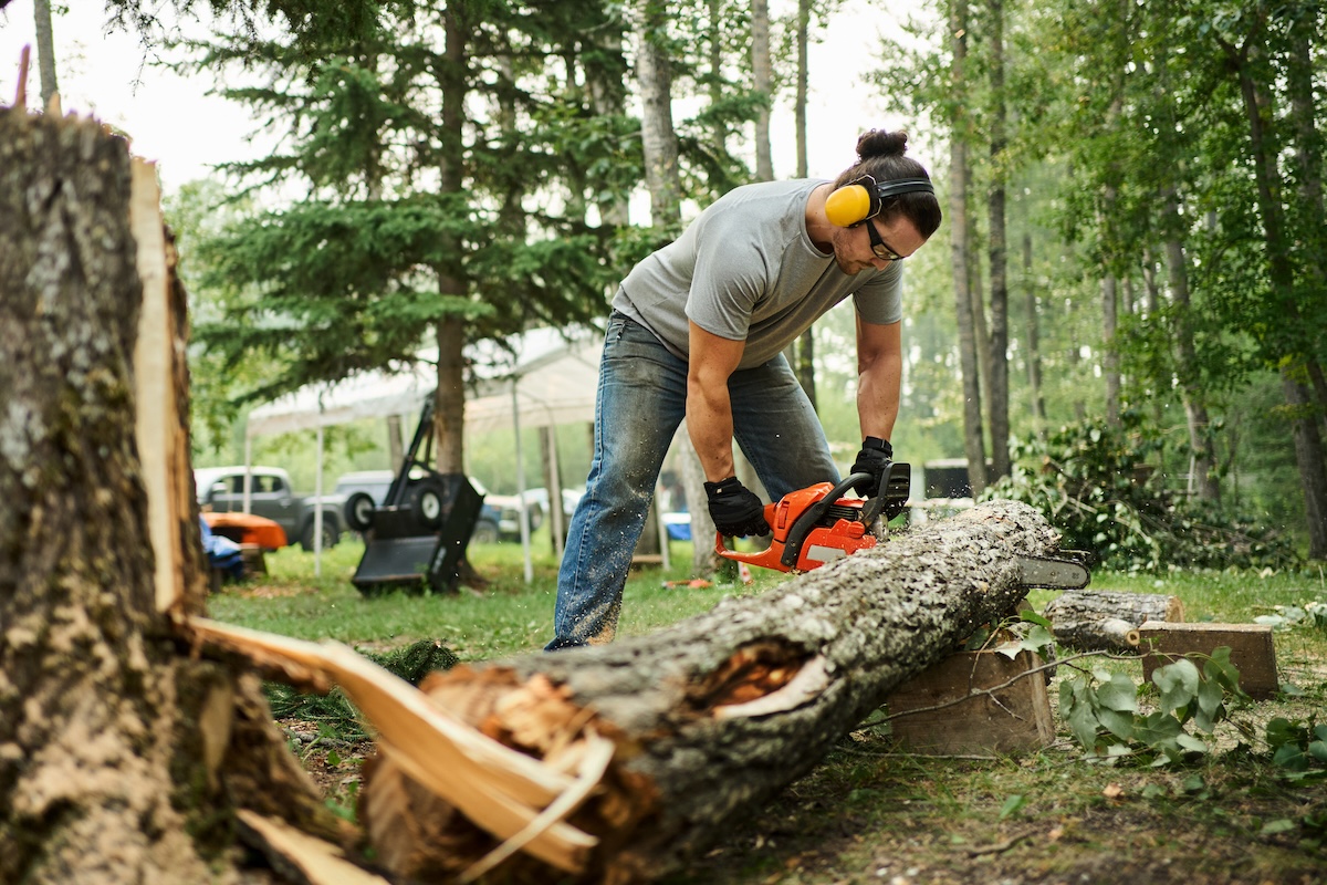 A man wearing PPE using a chainsaw outside.