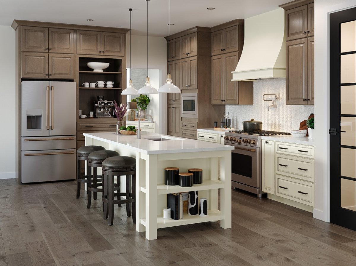 Dark rustic upper cabinets in a kitchen with a white island.