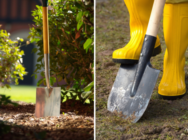 Two people using a spade and a shovel to dig into dirt.
