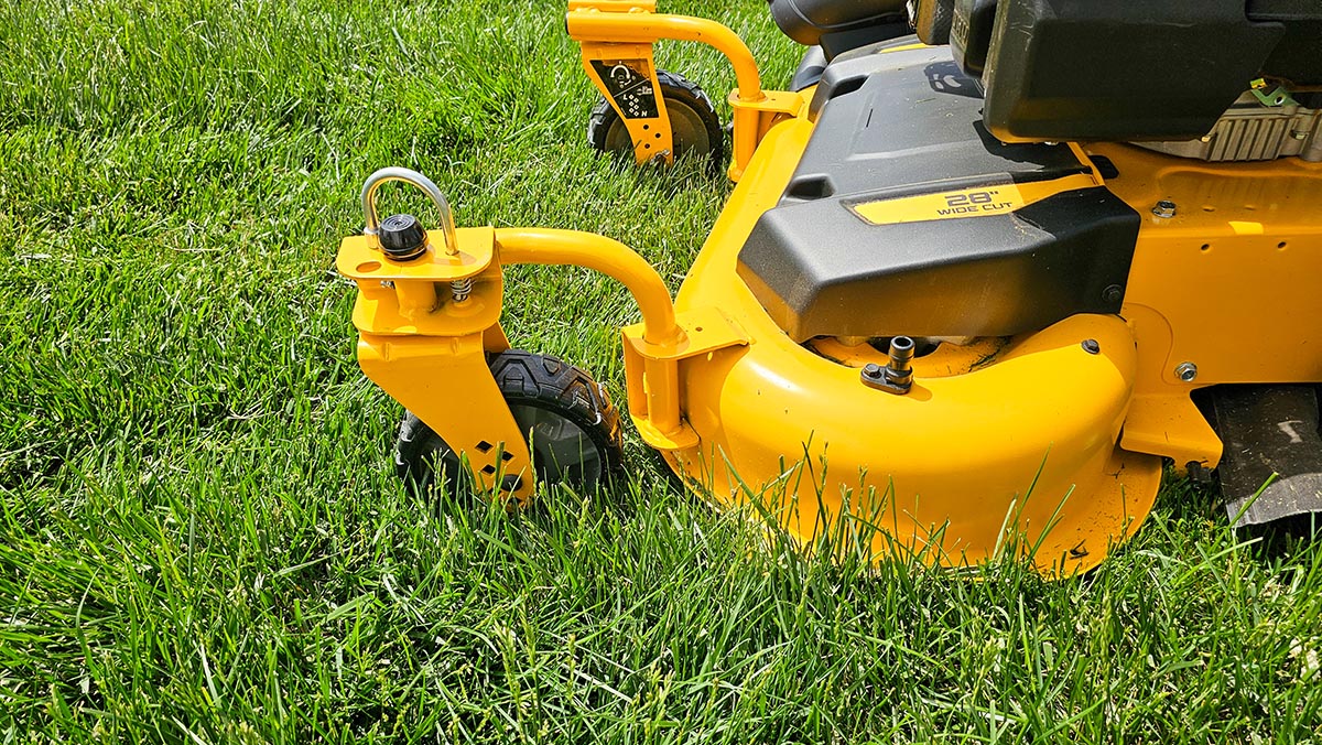 DeWalt Gas Lawn Mower Review Fully rotating offset front wheels for easy turning