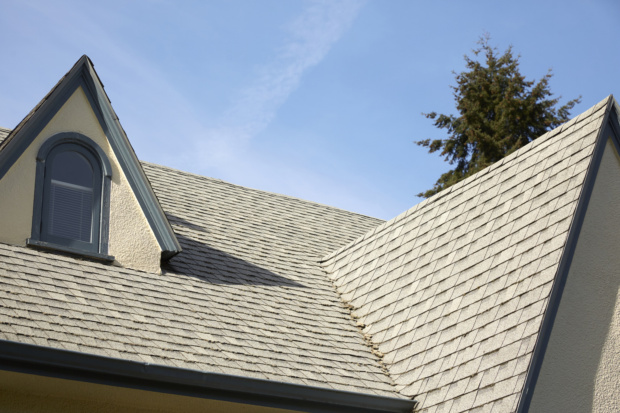 Light tan roof shingles of a Victorian style home