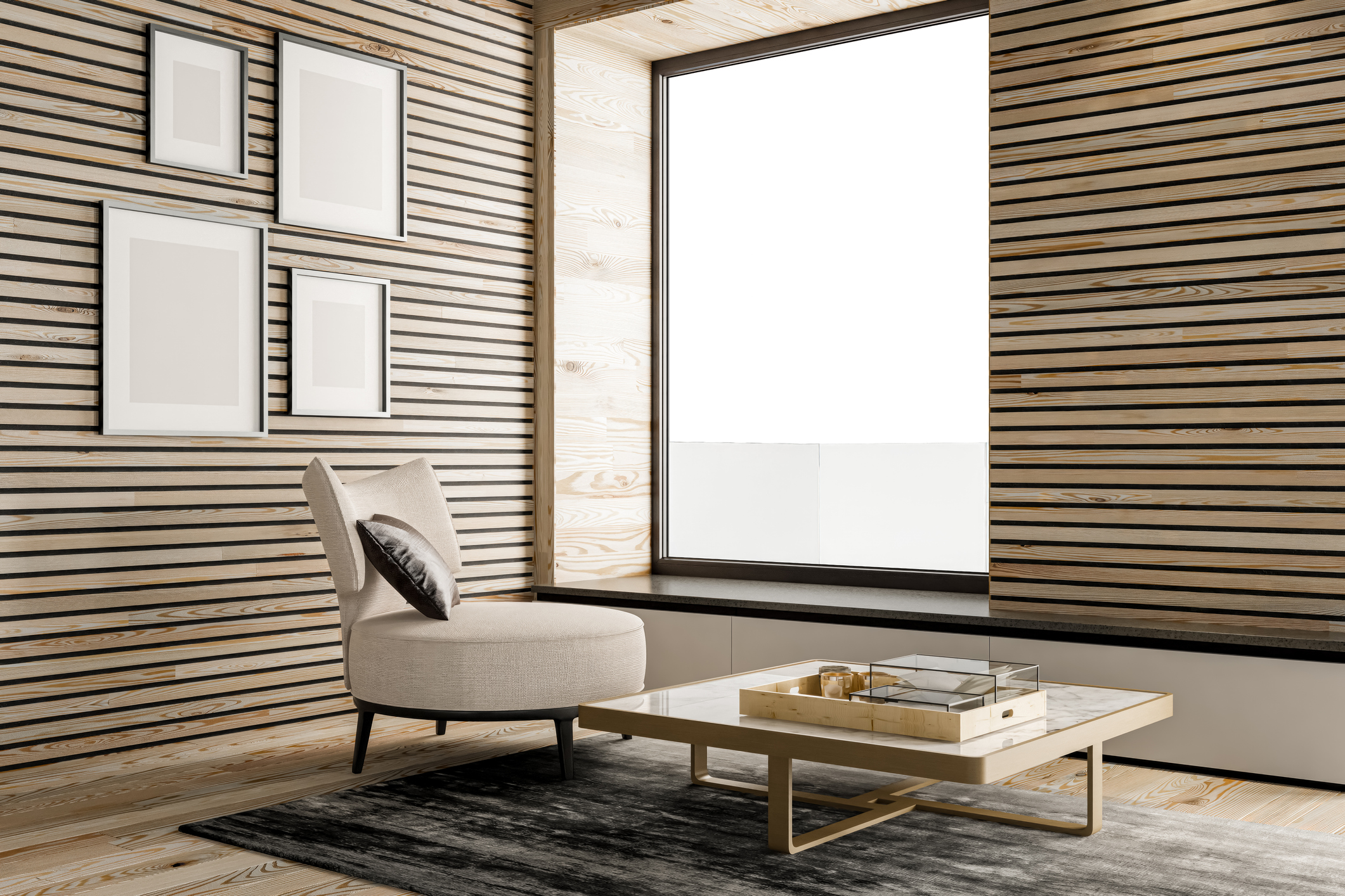 Trendy Scandinavian living room with lots of natural pine and fir wooden planks.