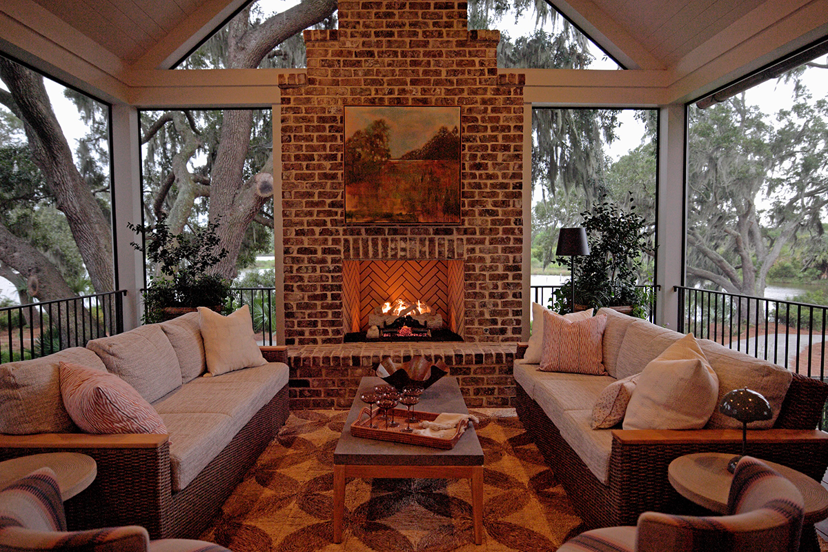 A porch fireplace powered by propane.
