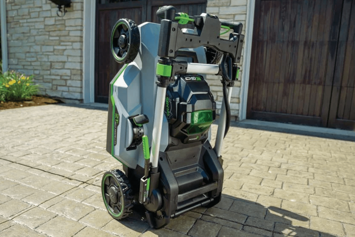 Ego lawn mower LM2135SP folded up for free battery deal at lowe's