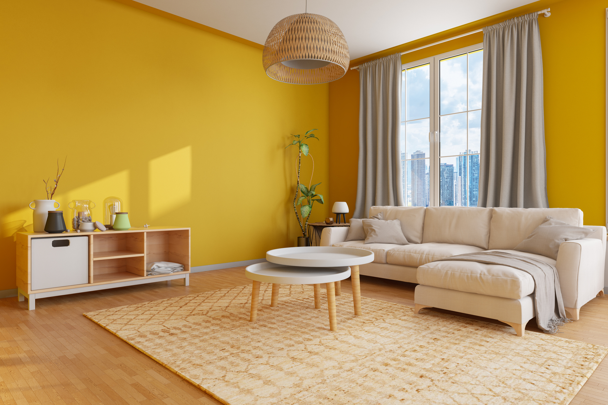 Living room painted bright yellow