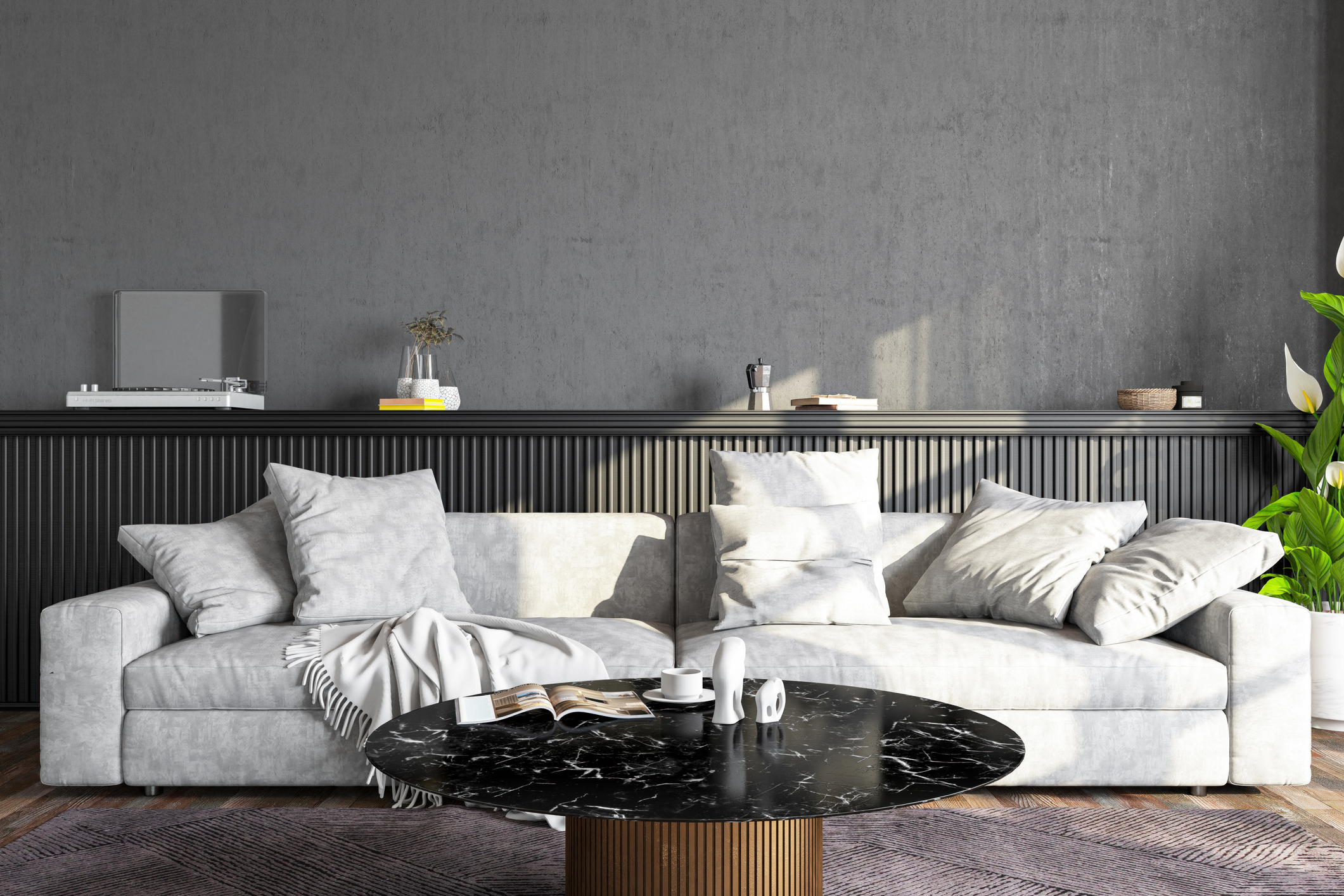 Modern living room painted dark gray