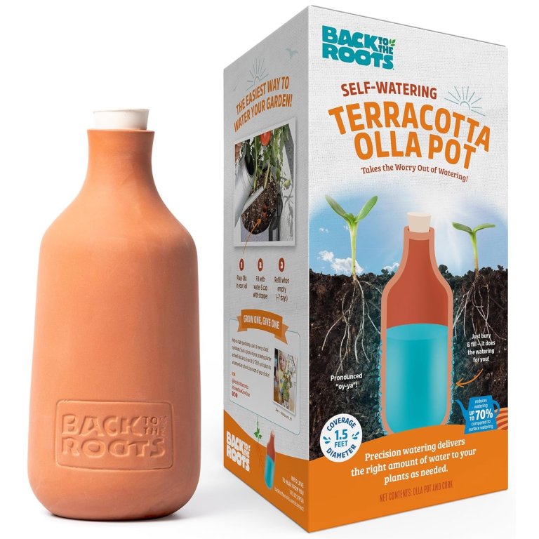 The Back to the Roots Olla Pot next to its packaging on a white backgtound