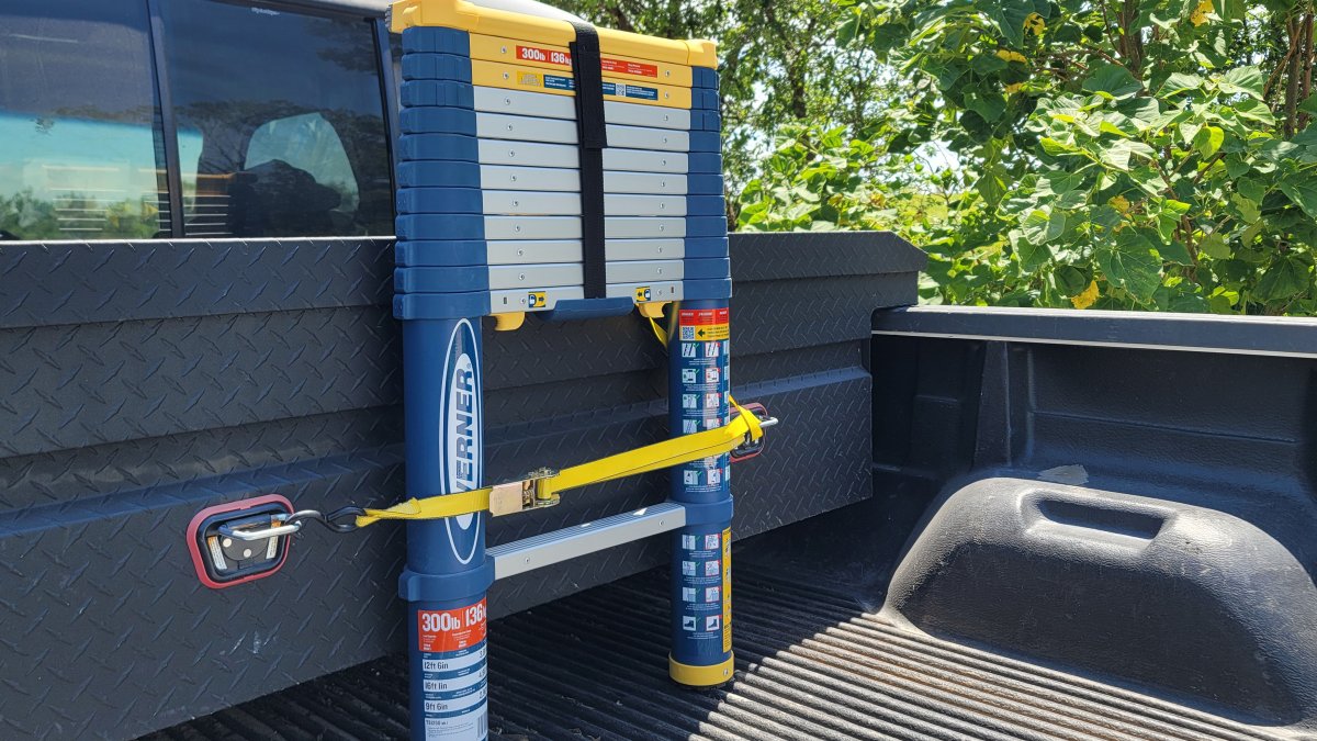 Werner TS1250 Telescoping Ladder strapped to Toolbox alternate shot