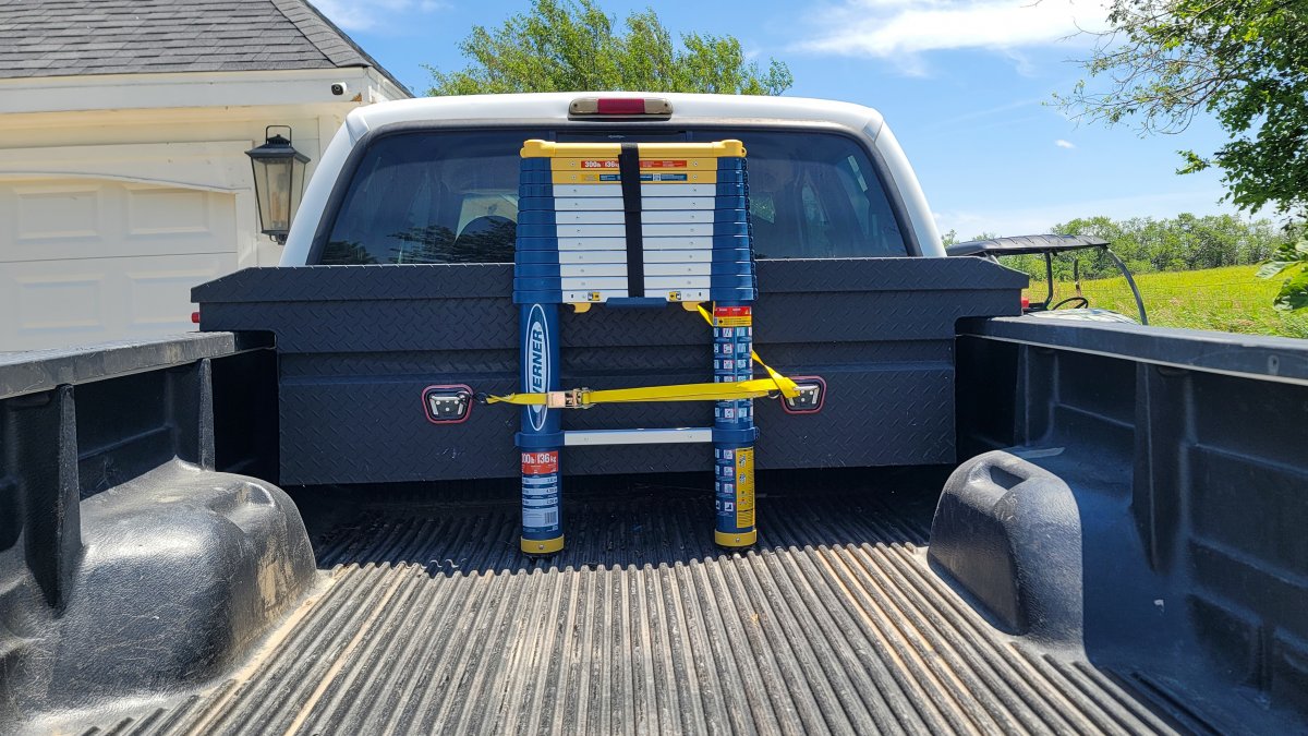 Werner TS1250 Telescoping Ladder Strapped to Toolbox