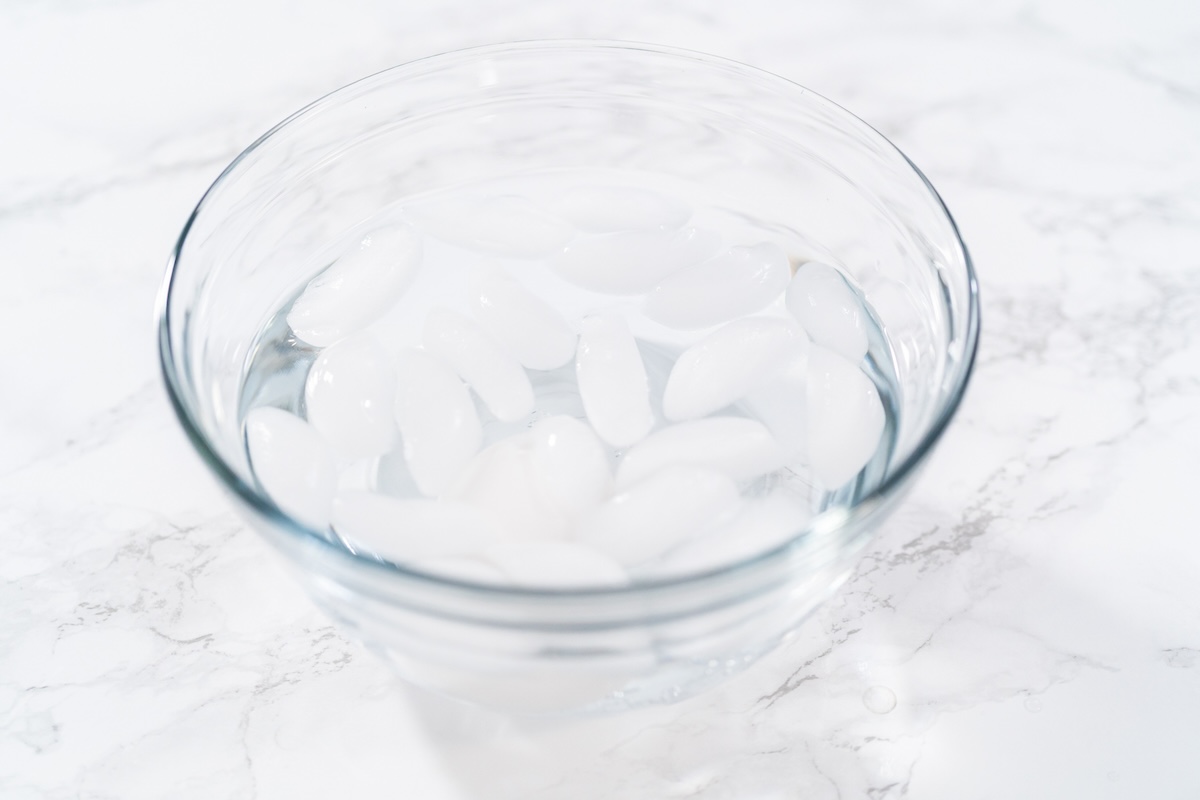 A glass bowl with ice.