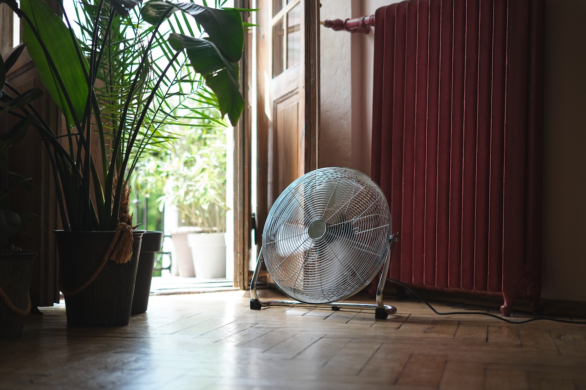 An electric fan on the floor of a doorway.