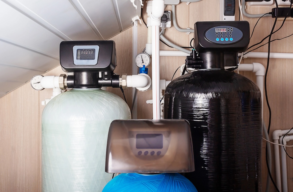 A home water filtration system and salt-free softener tank. 