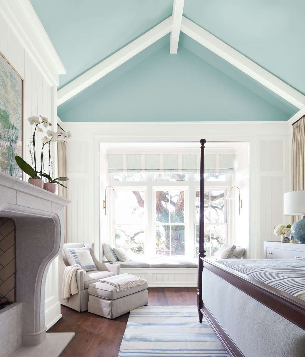 Bedroom with aqua painted ceiling