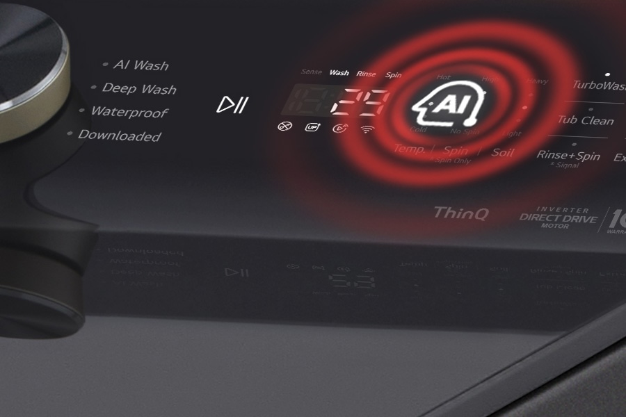LG Electronics AI washing machine with graphic overlay indicating AI technology.