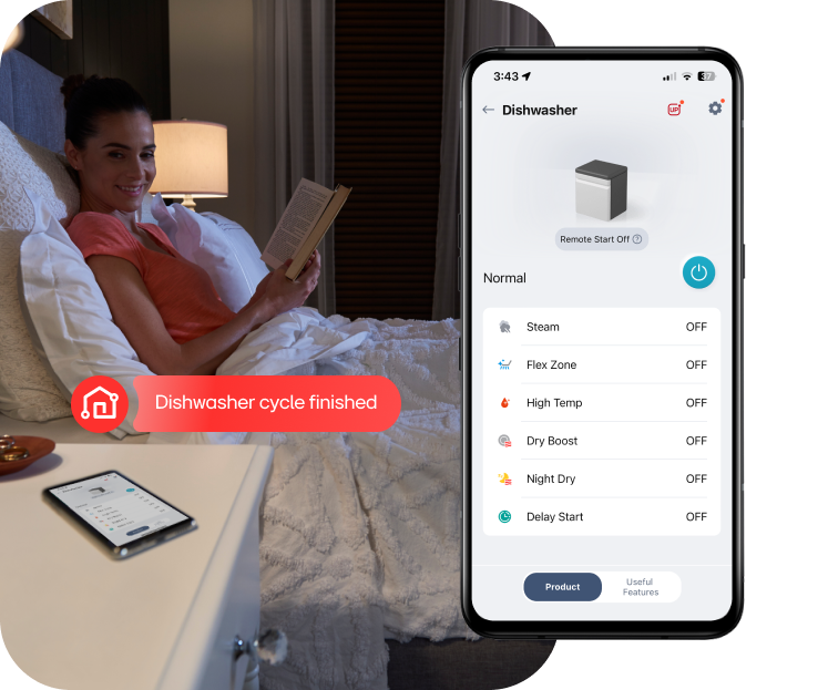 A homeowner reading in bed with smartphone graphic overlay showing the ThinQ app and notifications for an AI-equipped dishwasher.