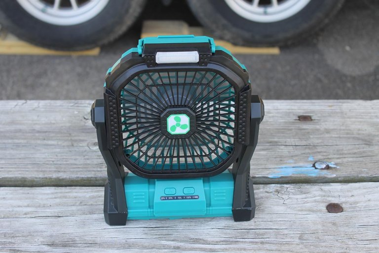 OnlyNew Fan sitting on picnic table