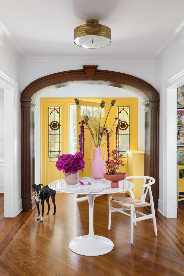 Bright yellow painted front door