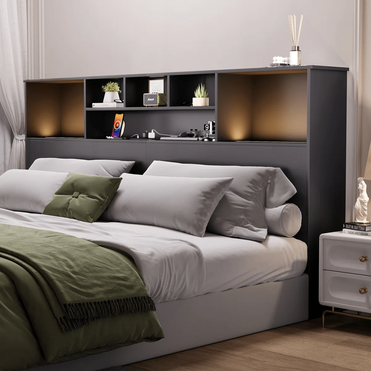 A king-size bed headboard with storage shelves.