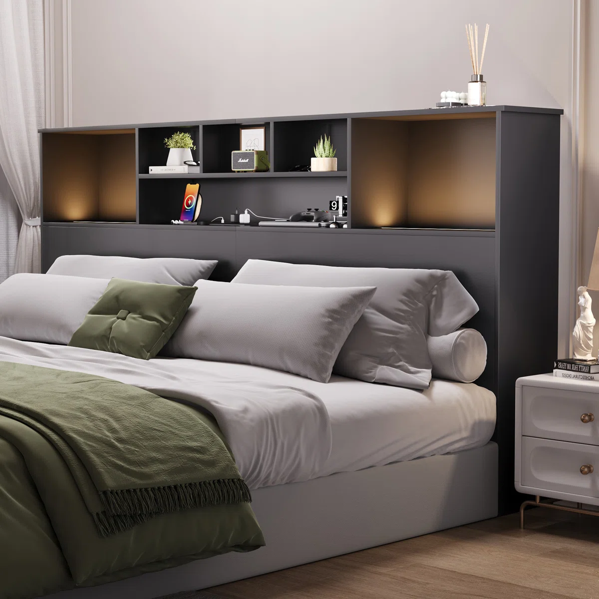 A king-size bed headboard with storage shelves.