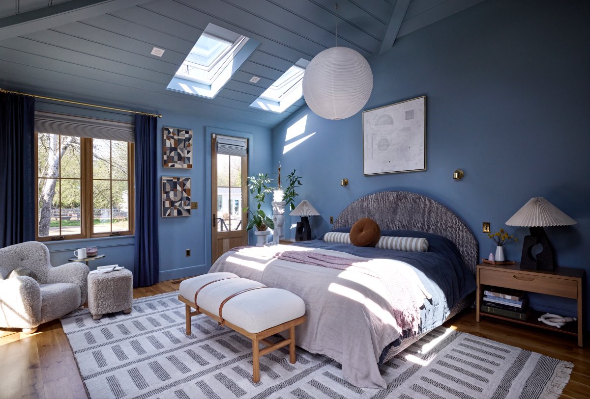 VELUX skylights in a blue bedroom.