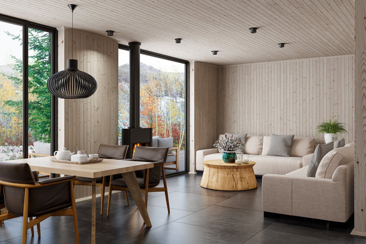 Light-colored wood paneling in a living room.