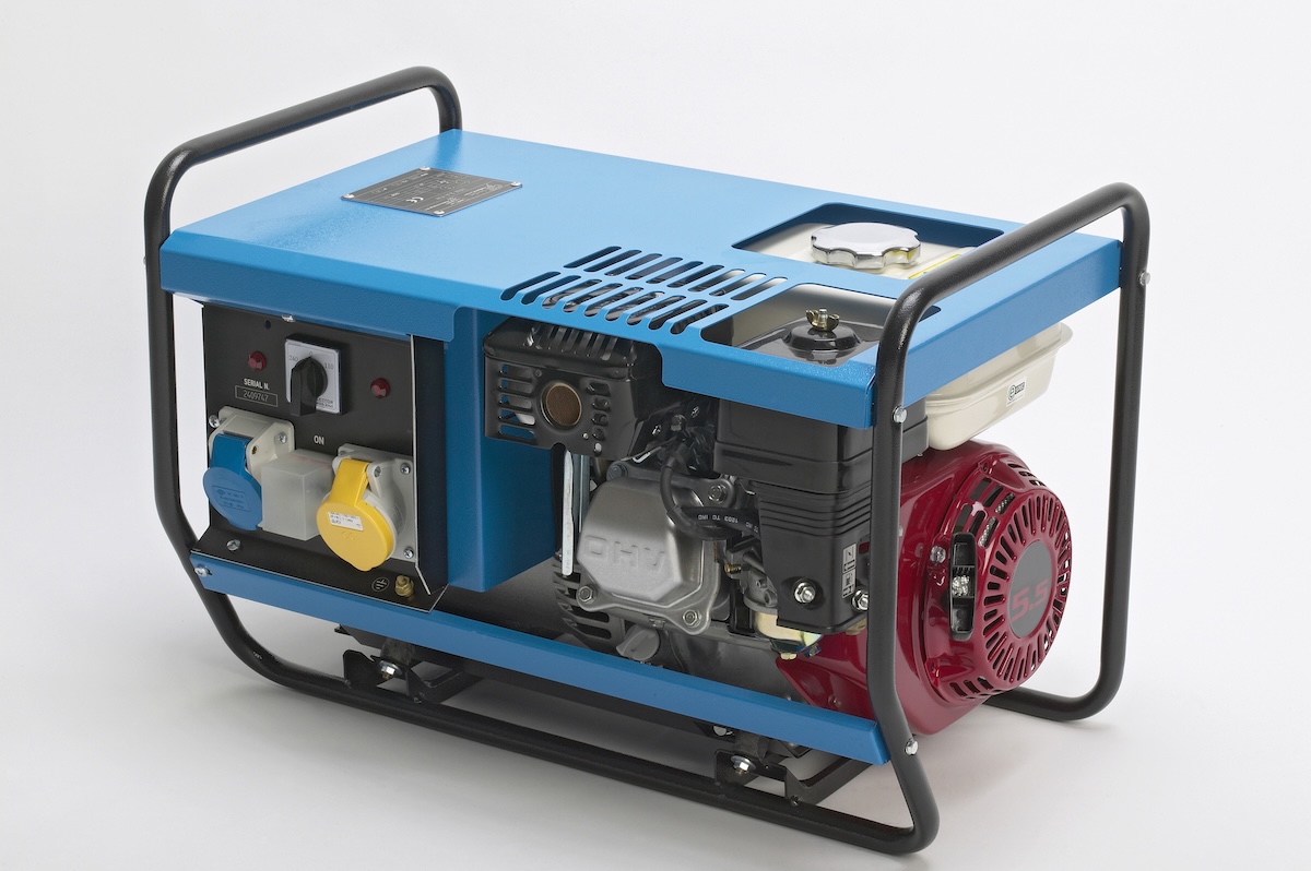 A portable home generator powered by gasoline.