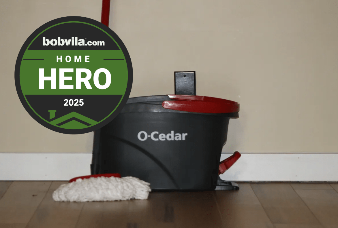O-Cedar Easy Wring Spin set up and ready to use with Bob Vila Home Hero badge
