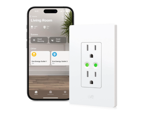 Eve Energy Smart Outlet with smart phone on white background