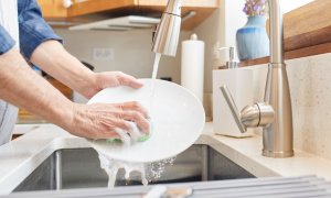 Washing dishes by hand at the kitchen sink with treated water