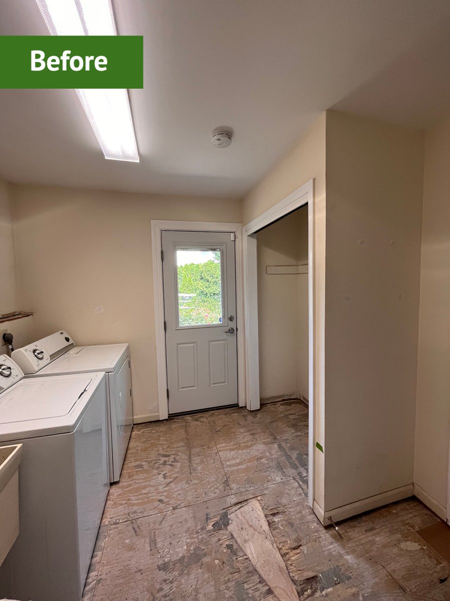 A "before" shot of the mudroom space before the hidden storage unit was added.