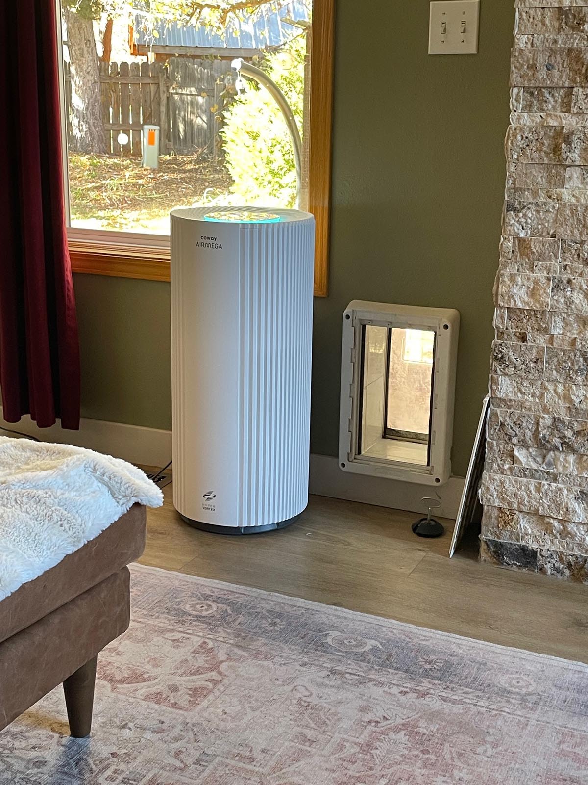 Coway Airmega 450 Air Purifier next to pet door